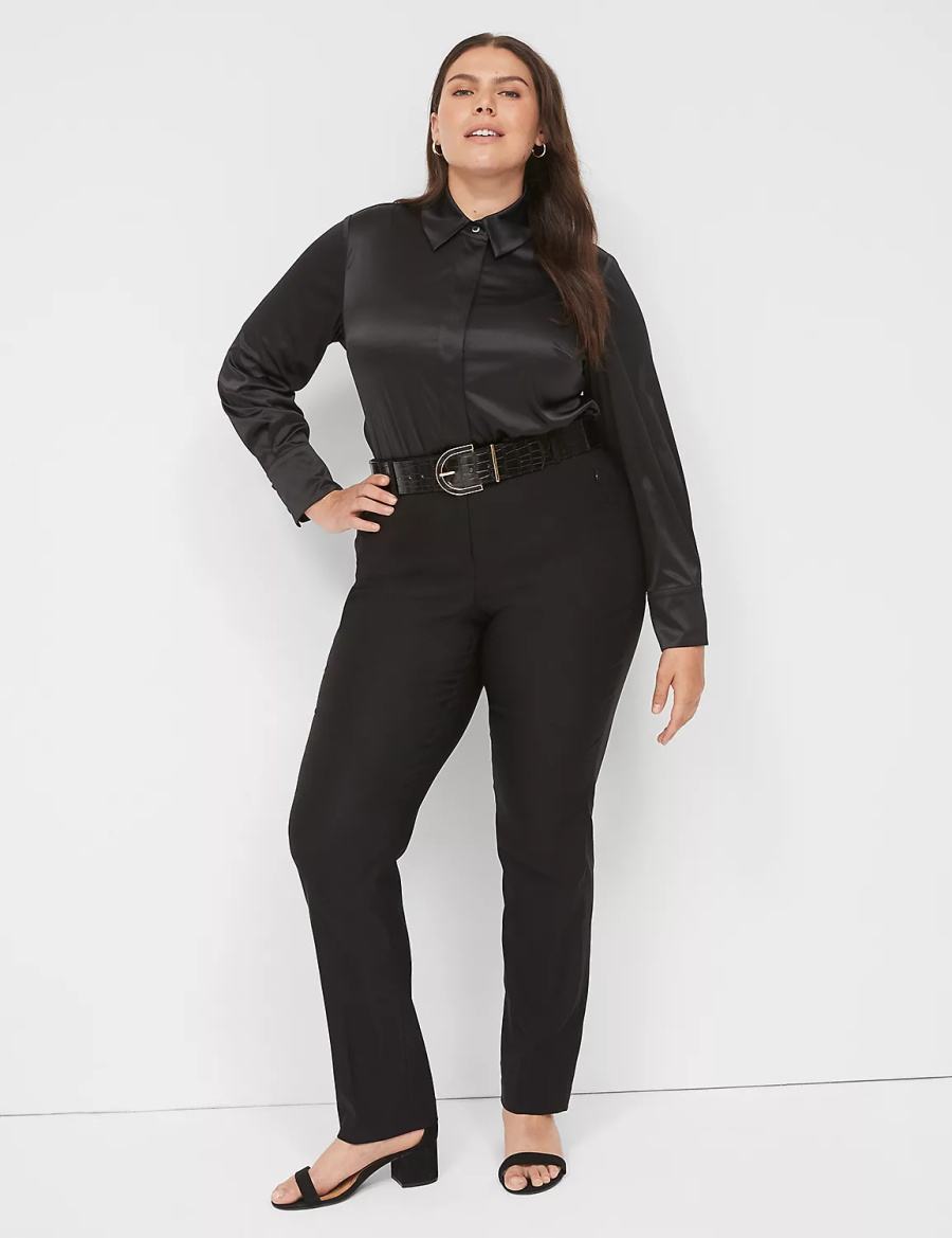 Black Lane Bryant Long-Sleeve Button-Down Satin Women Shirts | FPX3961OS