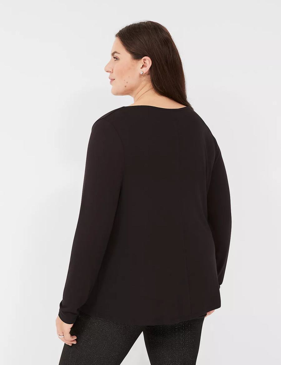 Black Lane Bryant Long-Sleeve Drape-Neck Top Women T Shirts | WAB118OH