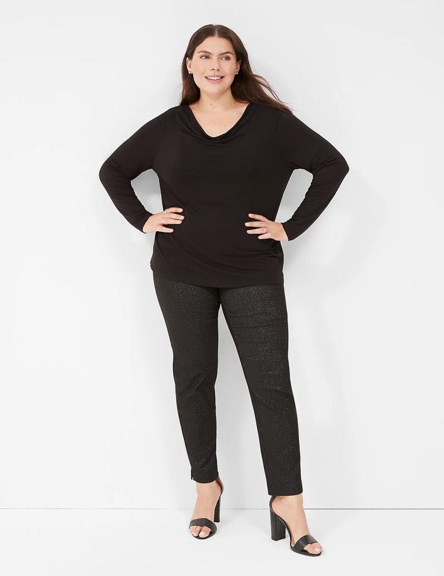 Black Lane Bryant Long-Sleeve Drape-Neck Top Women T Shirts | WAB118OH