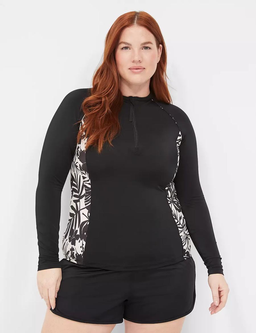 Black Lane Bryant Long-Sleeve Swim Rash Guard Women Swimsuits | NZR1482KR