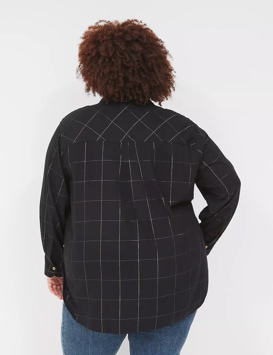 Black Lane Bryant Lurex Button-Down Plaid Flannel Women Shirts | RDB1651RP