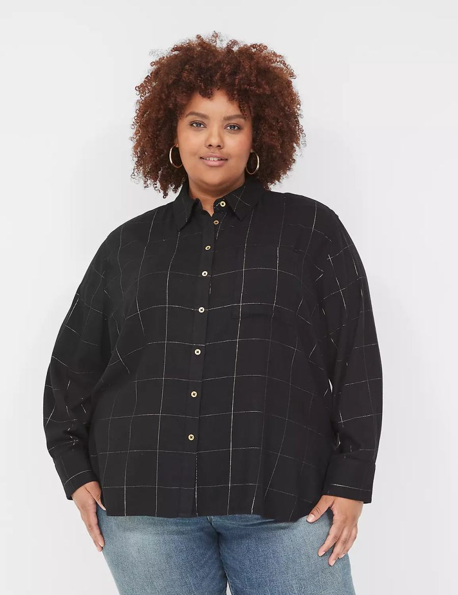 Black Lane Bryant Lurex Button-Down Plaid Flannel Women Shirts | RDB1651RP