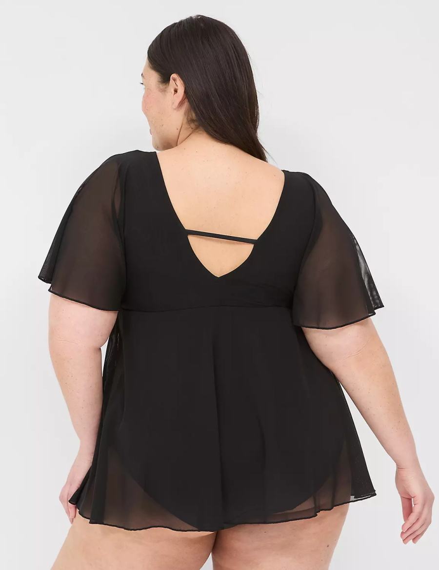 Black Lane Bryant No-Wire Flutter-Sleeve Swim Women Dress | KRW356KD