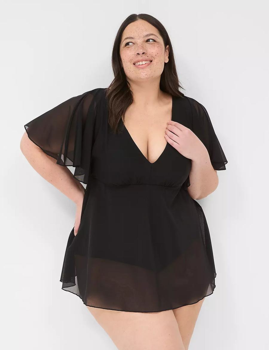 Black Lane Bryant No-Wire Flutter-Sleeve Swim Women Dress | KRW356KD