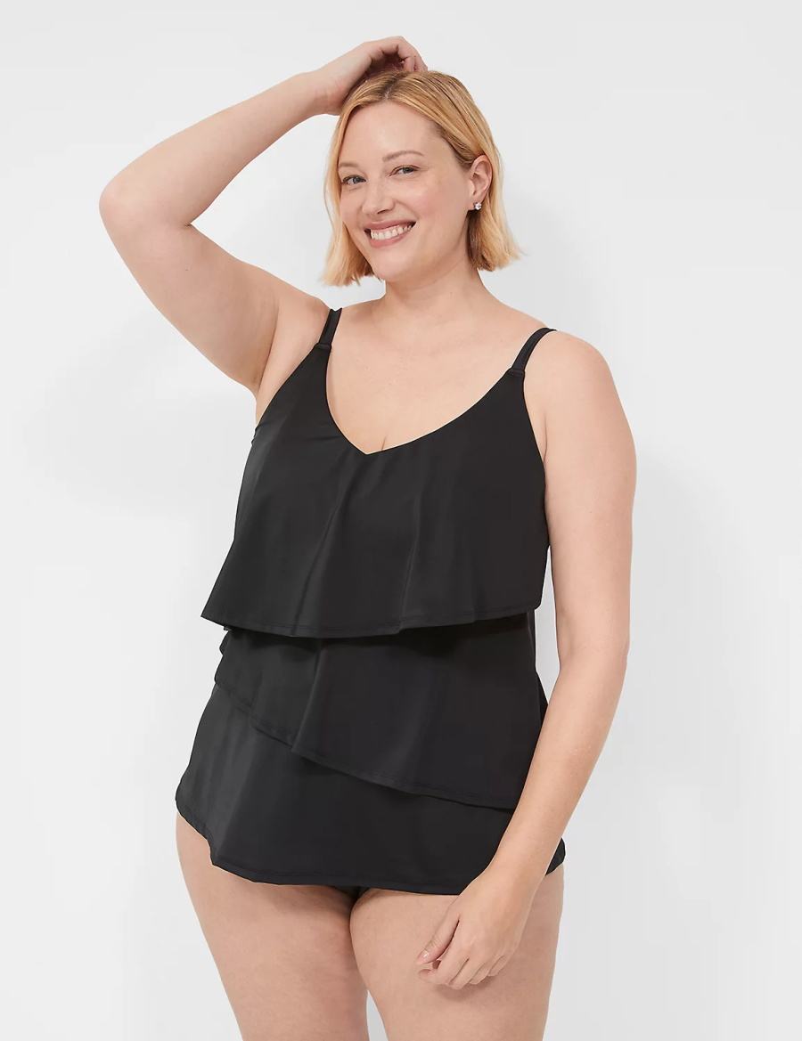 Black Lane Bryant No-Wire Three-Tier Tankini Women Bikini Top | SKV5791BP