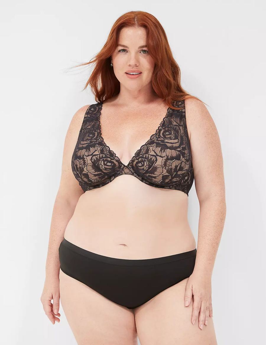 Black Lane Bryant Plunge with Lace Women Unlined Bra | ZEG4167IW