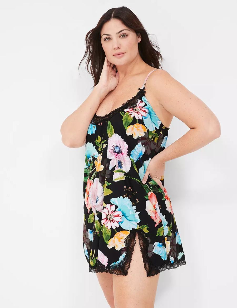 Black Lane Bryant Printed Lace-Trim Slip Women Dress | WFK231XL