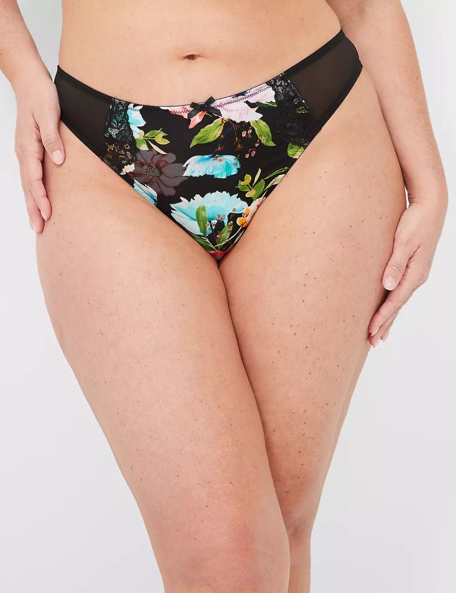 Black Lane Bryant Printed Lace-Trim Women Thong Panty | SPC4589ND