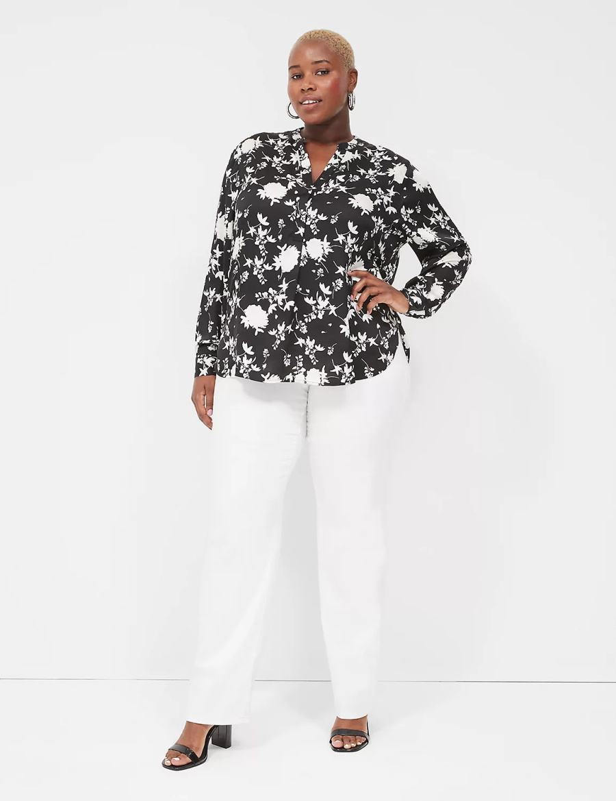 Black Lane Bryant Relaxed Satin Split-Neck Popover Women Shirts | AUE4421FL