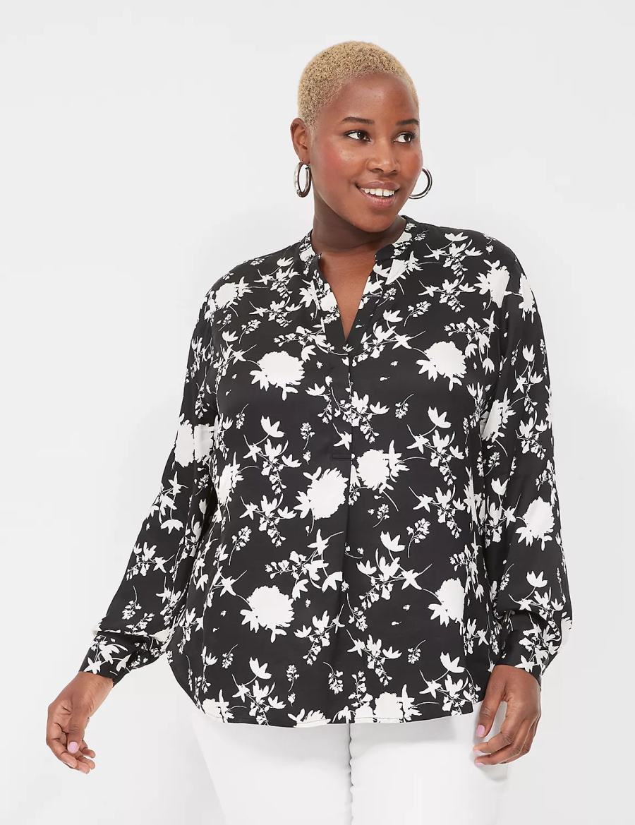 Black Lane Bryant Relaxed Satin Split-Neck Popover Women Shirts | AUE4421FL