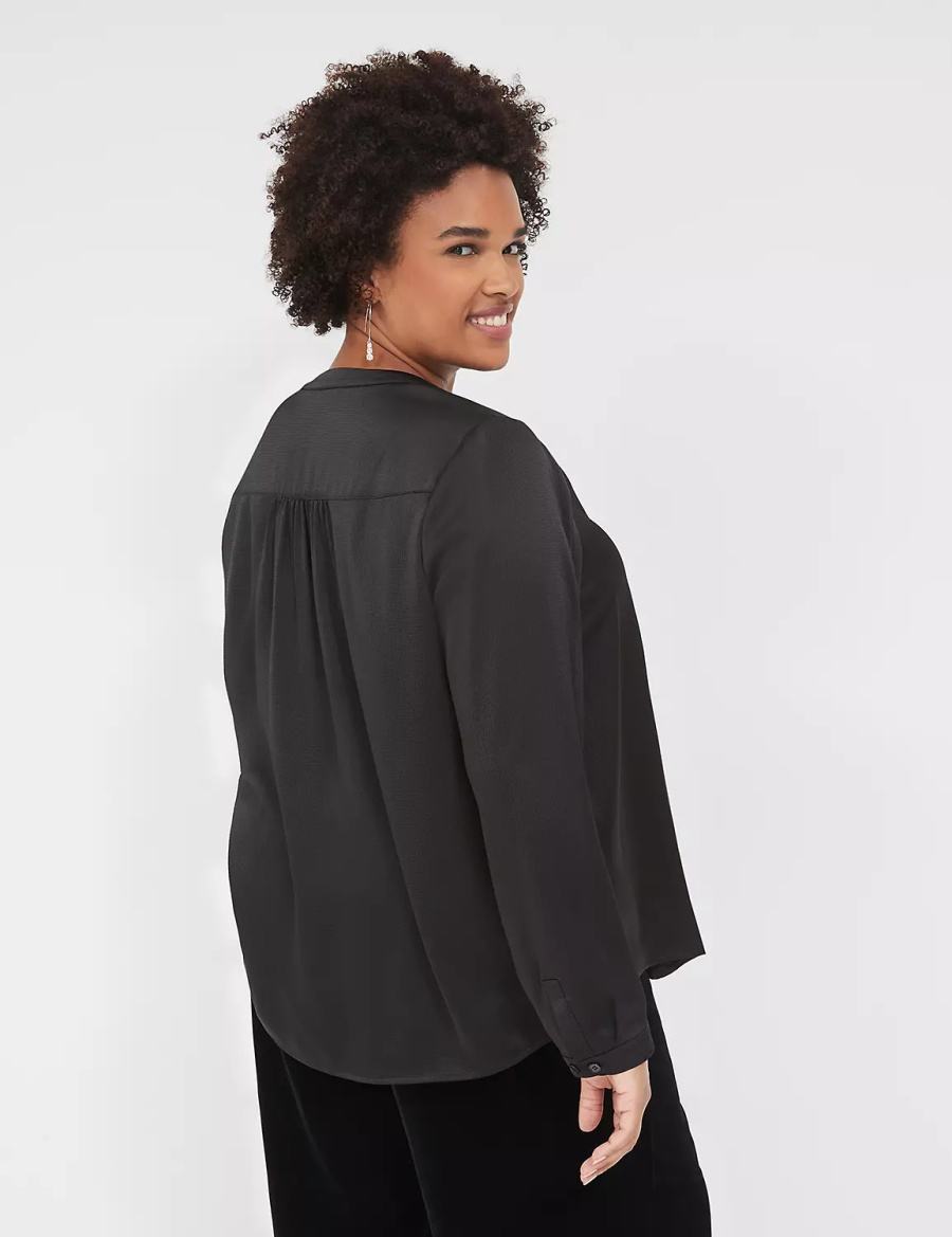 Black Lane Bryant Satin Banded-Neck Ruched-Shoulder Women Shirts | NAH4811QJ