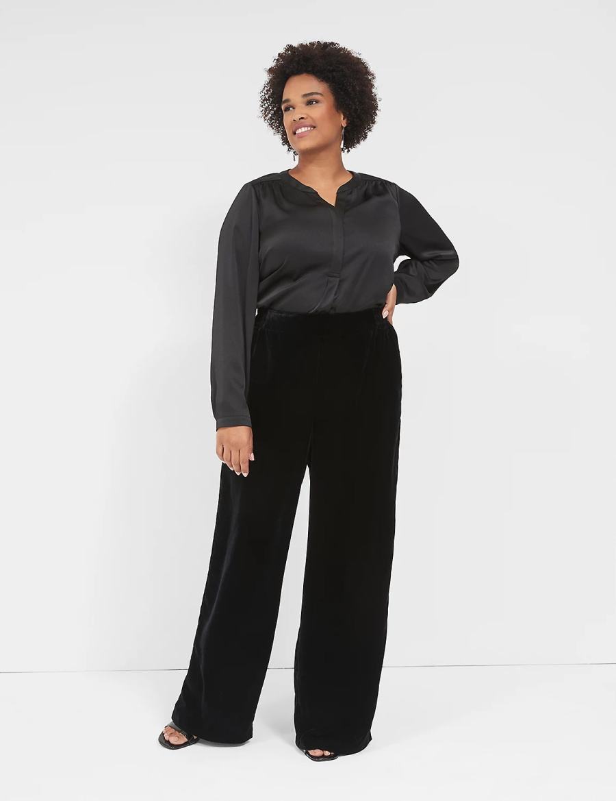 Black Lane Bryant Satin Banded-Neck Ruched-Shoulder Women Shirts | NAH4811QJ