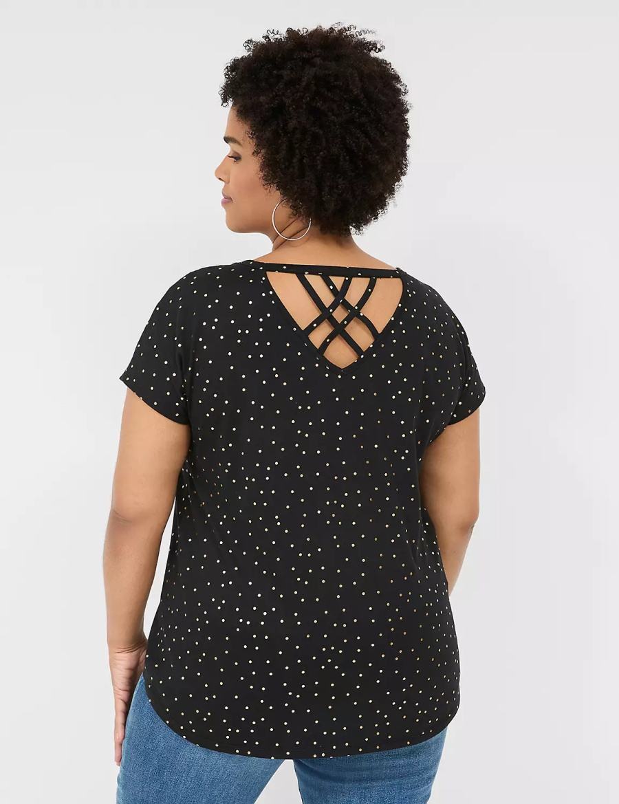 Black Lane Bryant Shimmer Foil Strappy-Back Tee Women T Shirts | LVK3849NA