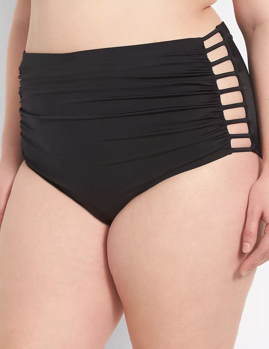 Black Lane Bryant Strappy Ruched-Side High-Waist Swim Women Briefs | DPF6373PG