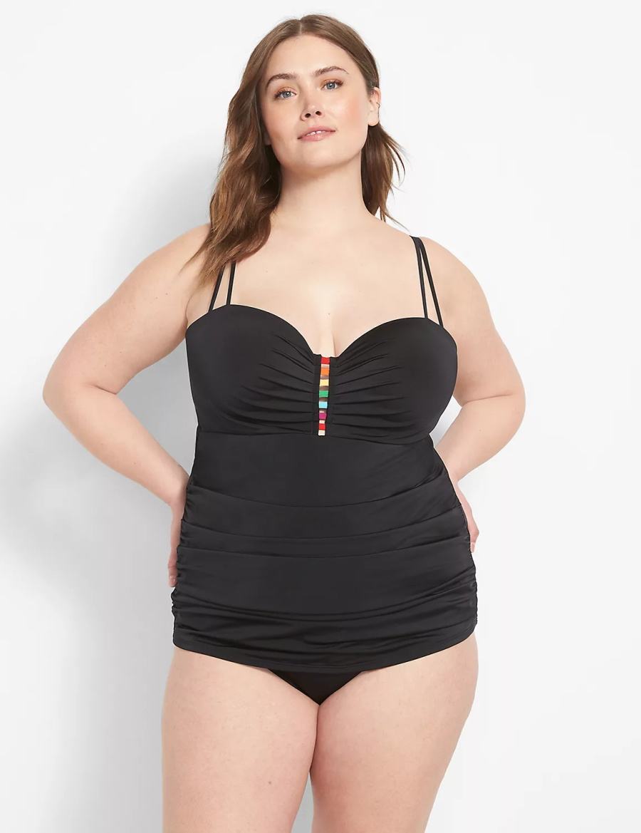 Black Lane Bryant Strappy Ruched-Side High-Waist Swim Women Briefs | DPF6373PG