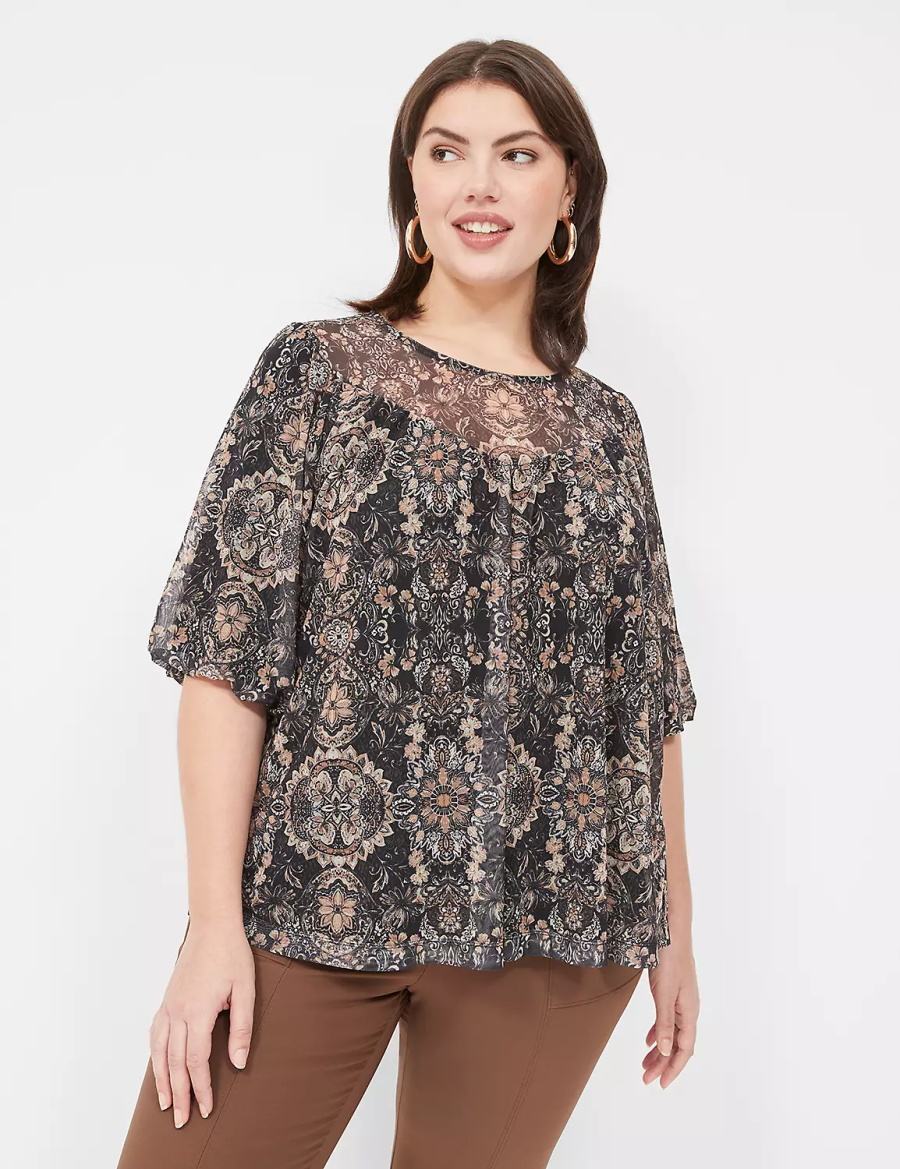 Black Lane Bryant Swing Perfect Puff-Sleeve Mesh Top Women Blouse | JXM6752RC