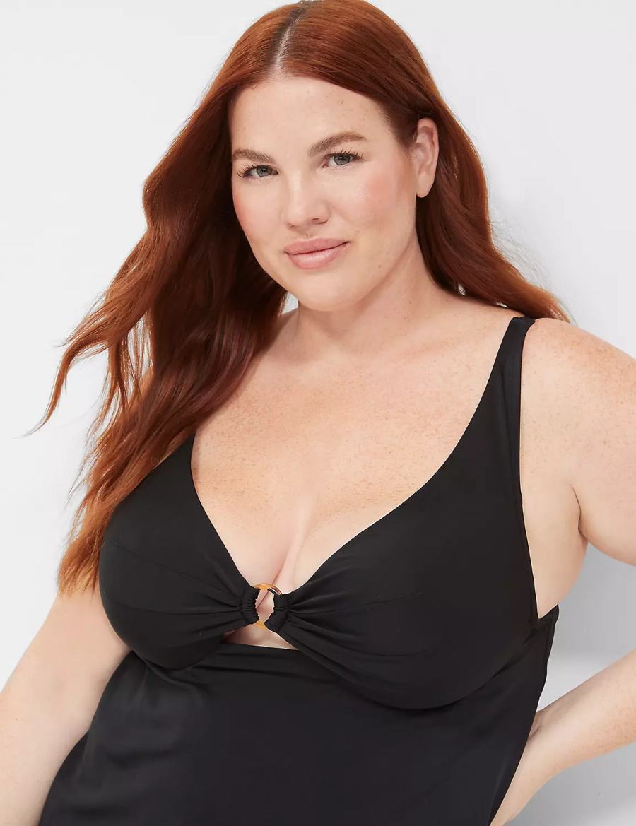 Black Lane Bryant Underwire O-Ring Tankini Women Bikini Top | FTH9372EU