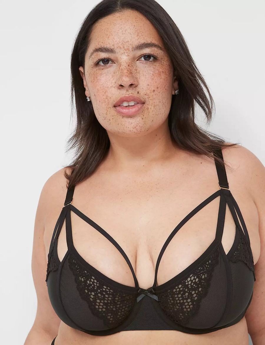 Black Lane Bryant Unlined Caged Lace Women Balconette Bra | XDF5894GM