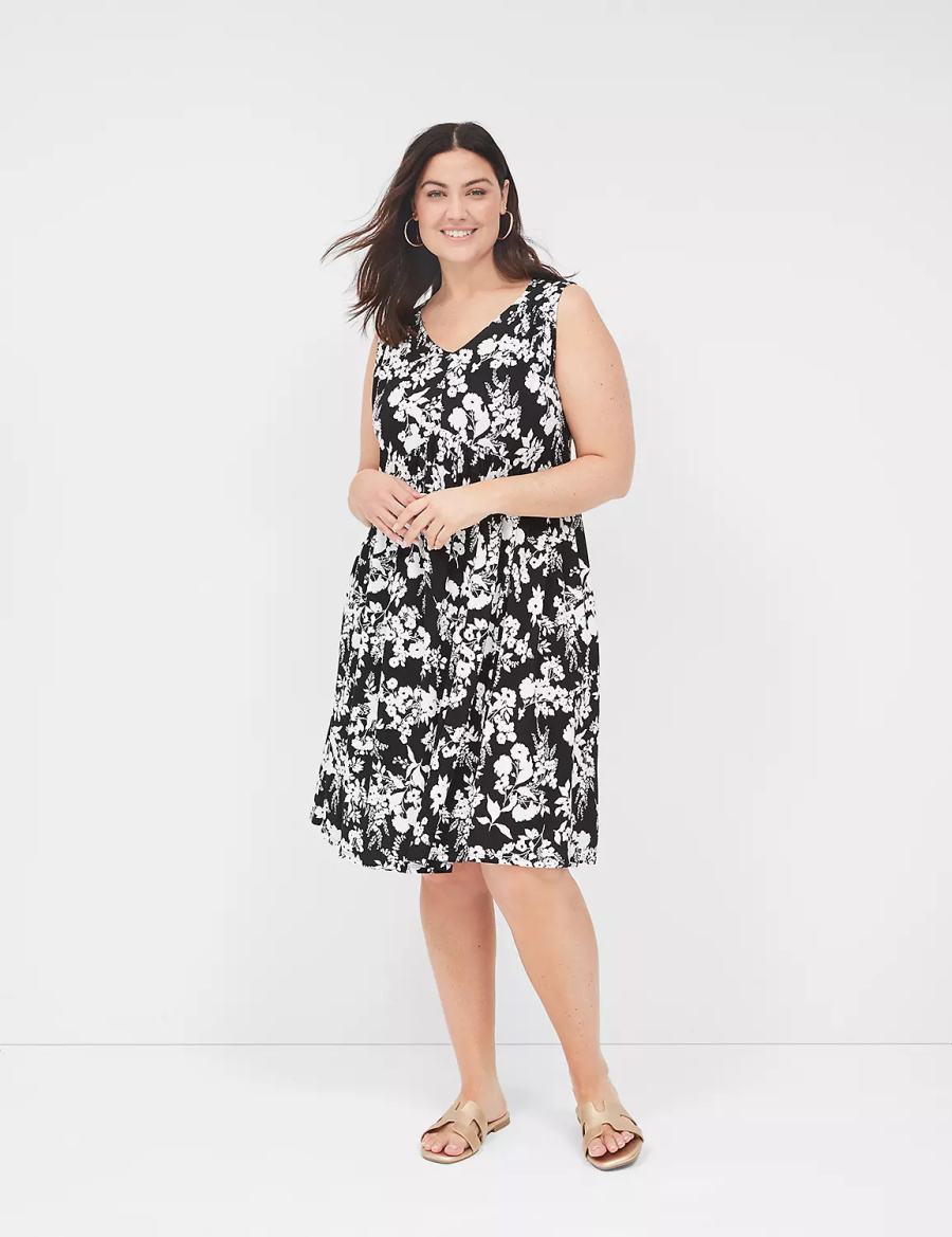 Black Lane Bryant V-Neck Easy Swing Women Casual Dress | FUY8492GP