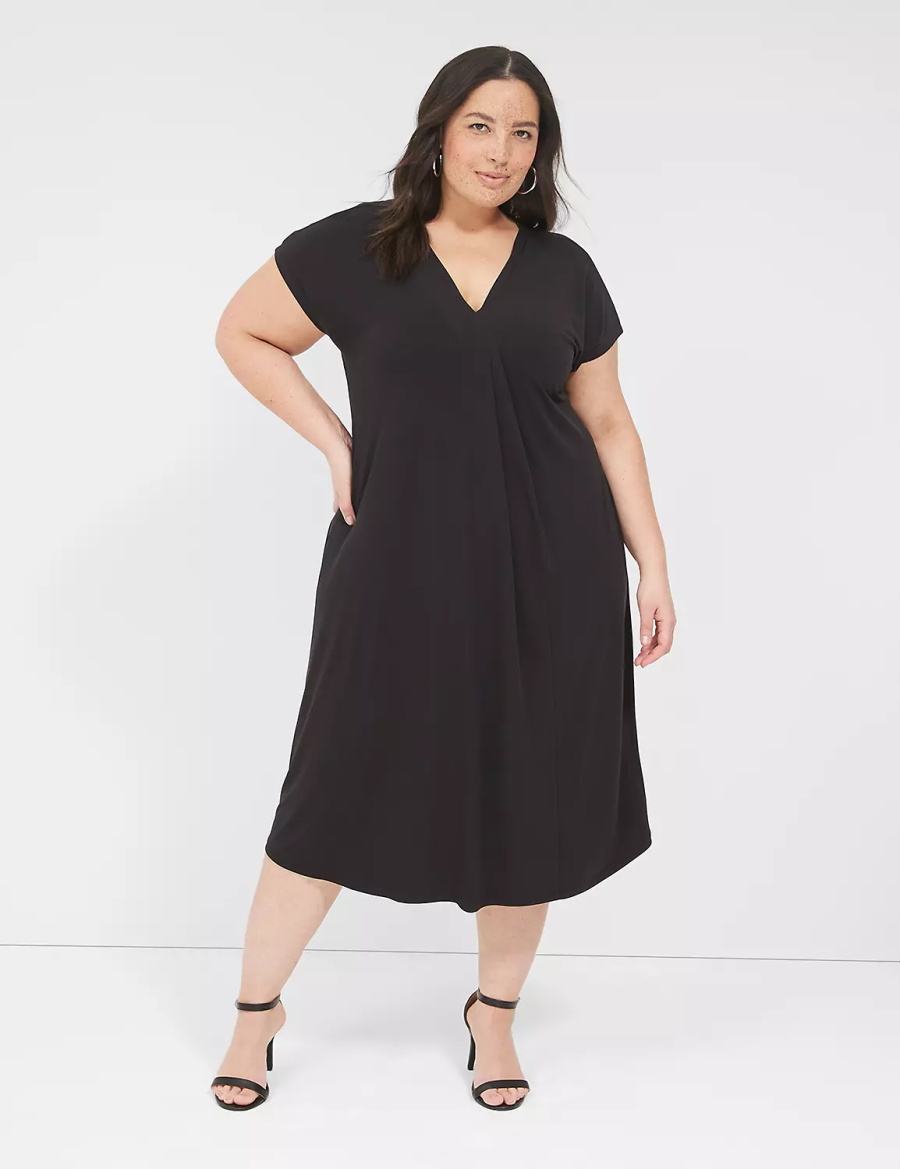 Black Lane Bryant V-Neck Pleat-Front Jersey Women Casual Dress | JCO3192FC