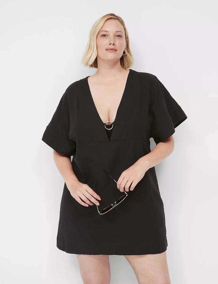 Black Lane Bryant Woven O-Ring Dolman Women Cover Ups | FPC834RI