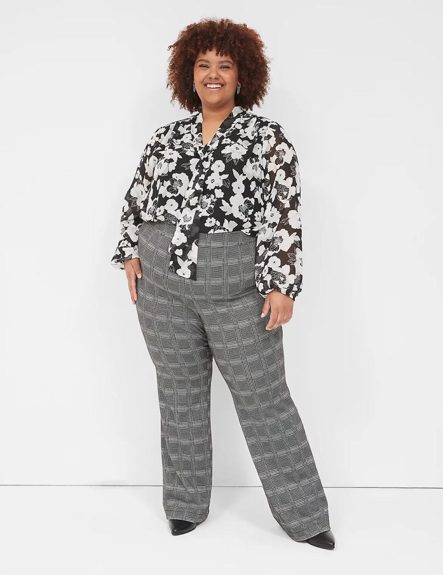 Black White Lane Bryant Long-Sleeve Tie-Neck Popover Women Blouse | PUW4550YQ