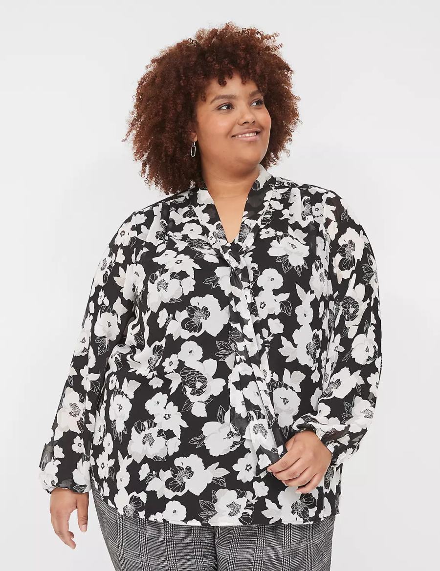 Black White Lane Bryant Long-Sleeve Tie-Neck Popover Women Blouse | PUW4550YQ