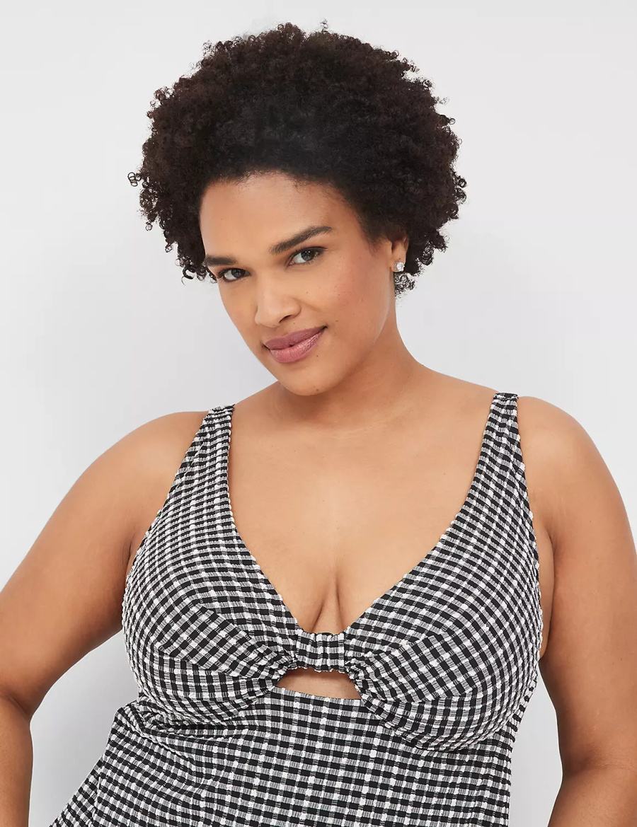 Black White Lane Bryant Underwire Knot-Front Tankini Women Bikini Top | VZE1245BC