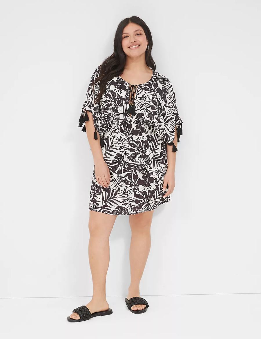 Black White Lane Bryant Woven Tassel-Trim Women Cover Ups | NZR5499BE