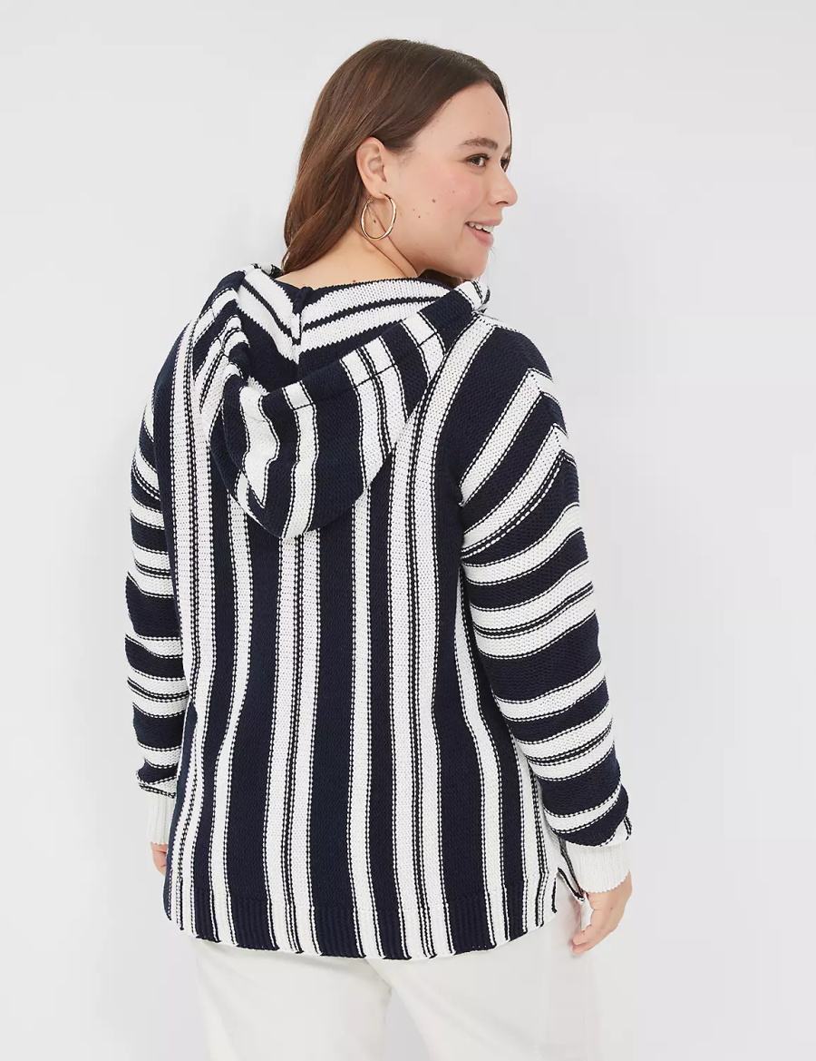 Black White Stripes Lane Bryant Embroidered Hooded Pullover Women Sweaters | JVY3578LX