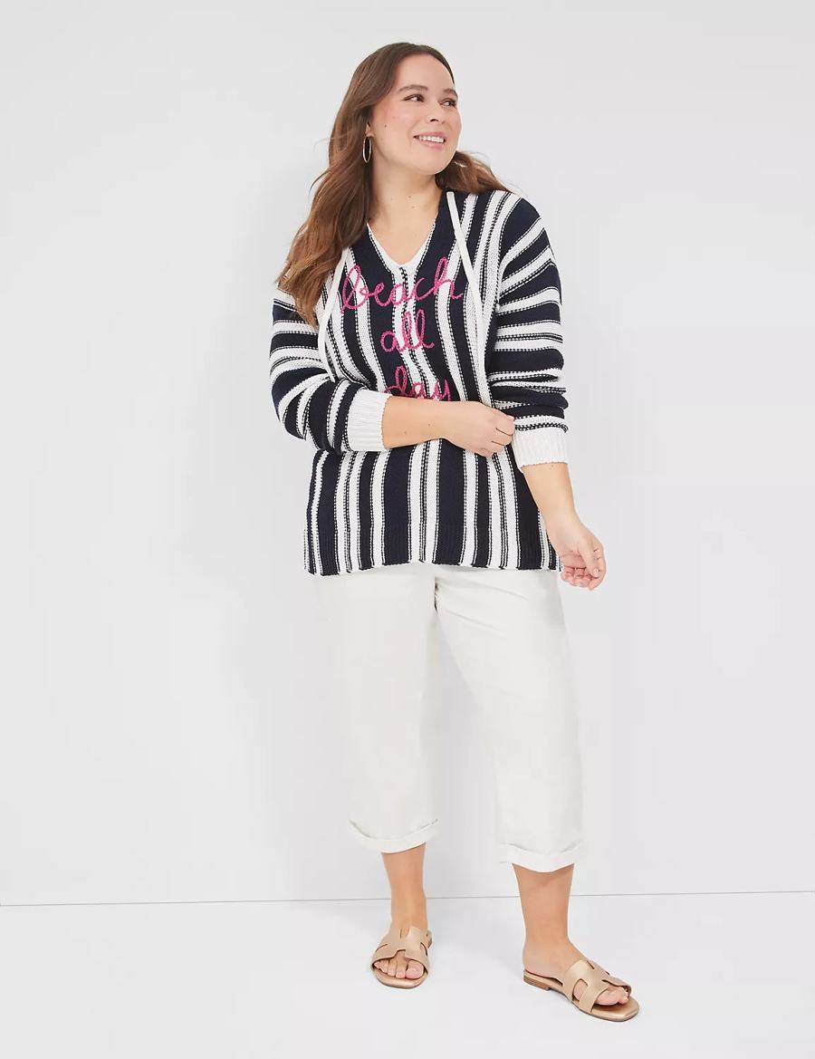 Black White Stripes Lane Bryant Embroidered Hooded Pullover Women Sweaters | JVY3578LX