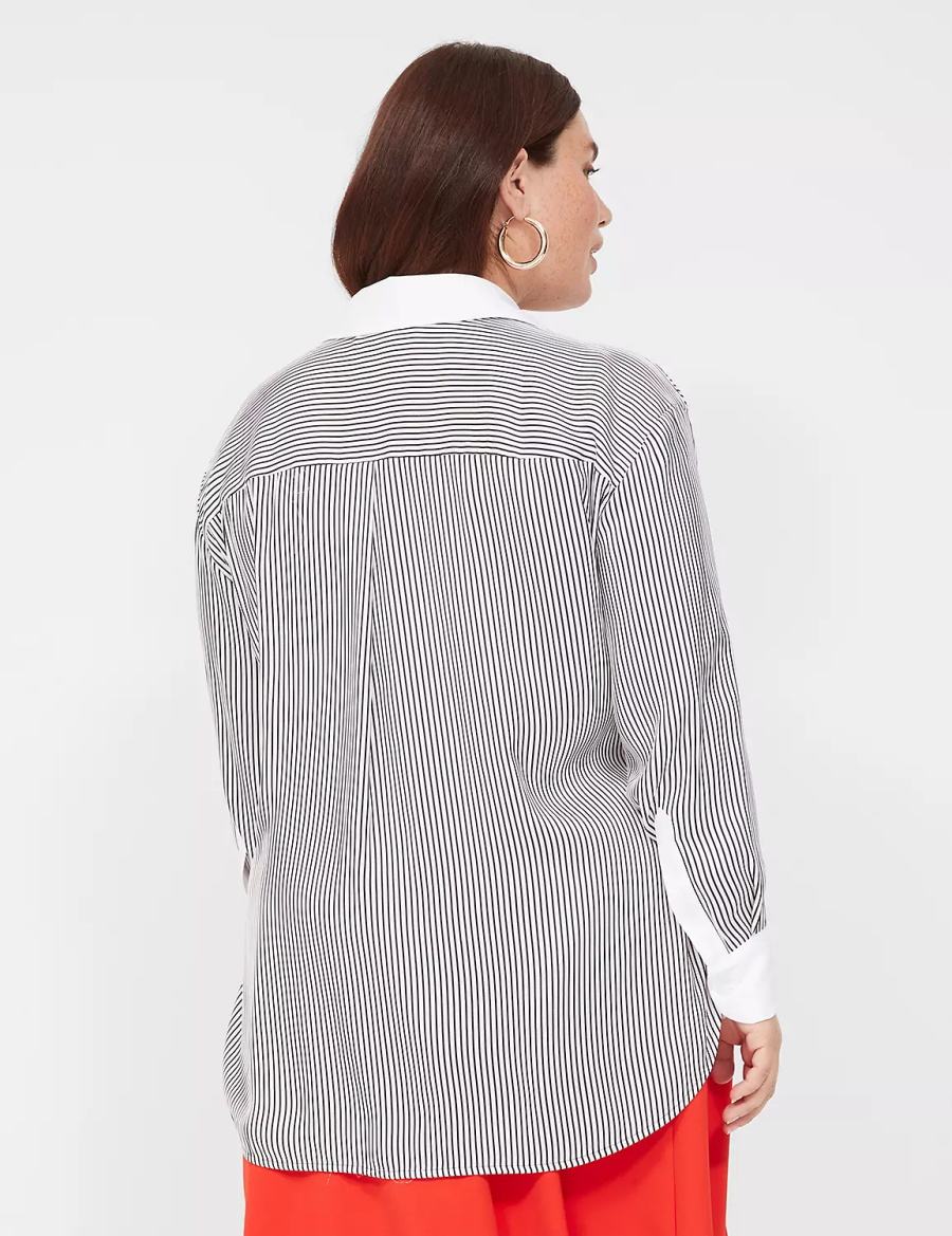 Black White Stripes Lane Bryant Satin Button-Down Boyfriend Women Shirts | IZI310DK