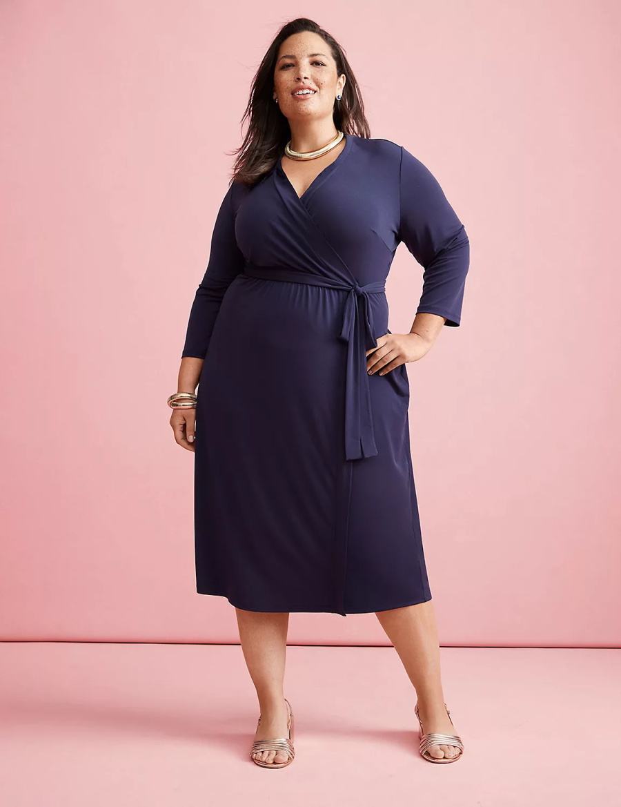 Blue Lane Bryant 3/4-Sleeve Faux-Wrap Jersey Women Midi Dress | ZXD4576WB