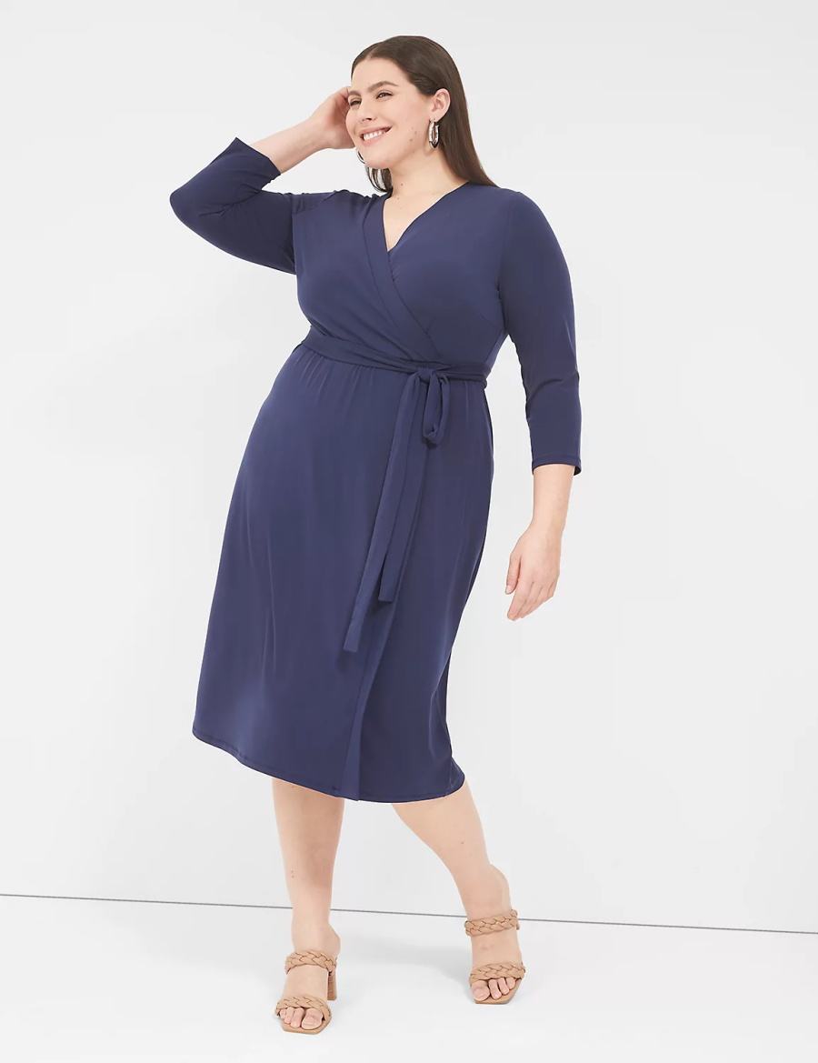 Blue Lane Bryant 3/4-Sleeve Faux-Wrap Jersey Women Midi Dress | ZXD4576WB