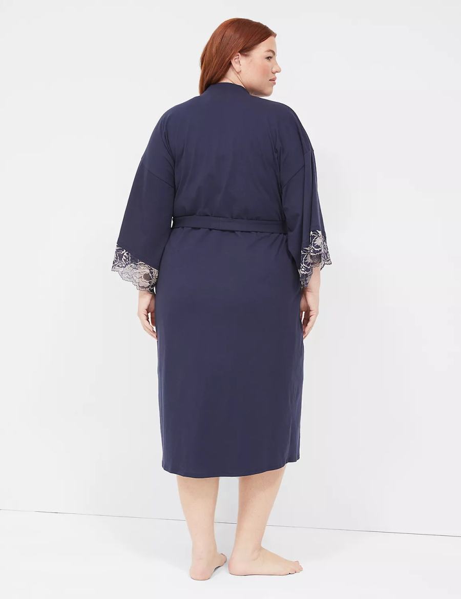 Blue Lane Bryant Comfy Cotton Lace-Trim Midi Women Robe | NLR8547GF