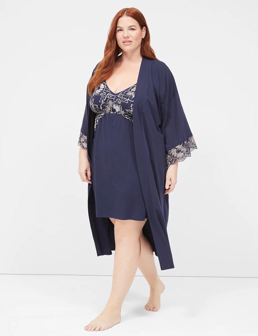 Blue Lane Bryant Comfy Cotton Lace-Trim Midi Women Robe | NLR8547GF