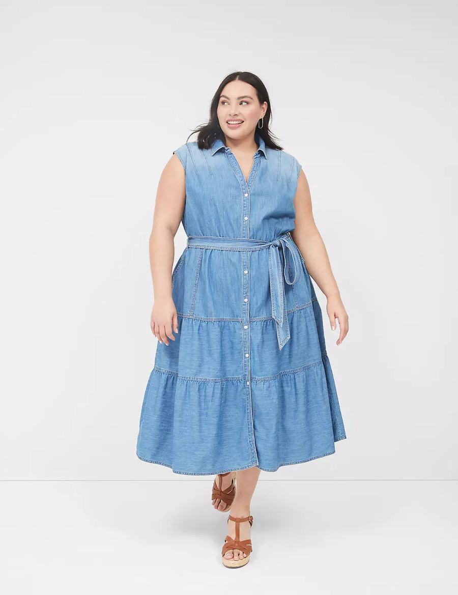 Blue Lane Bryant Denim Tiered Women Midi Dress | WXC2919WQ