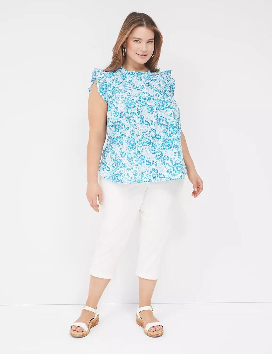 Blue Lane Bryant Flutter-Sleeve Ruffle-Neck Women Blouse | PKW469TZ