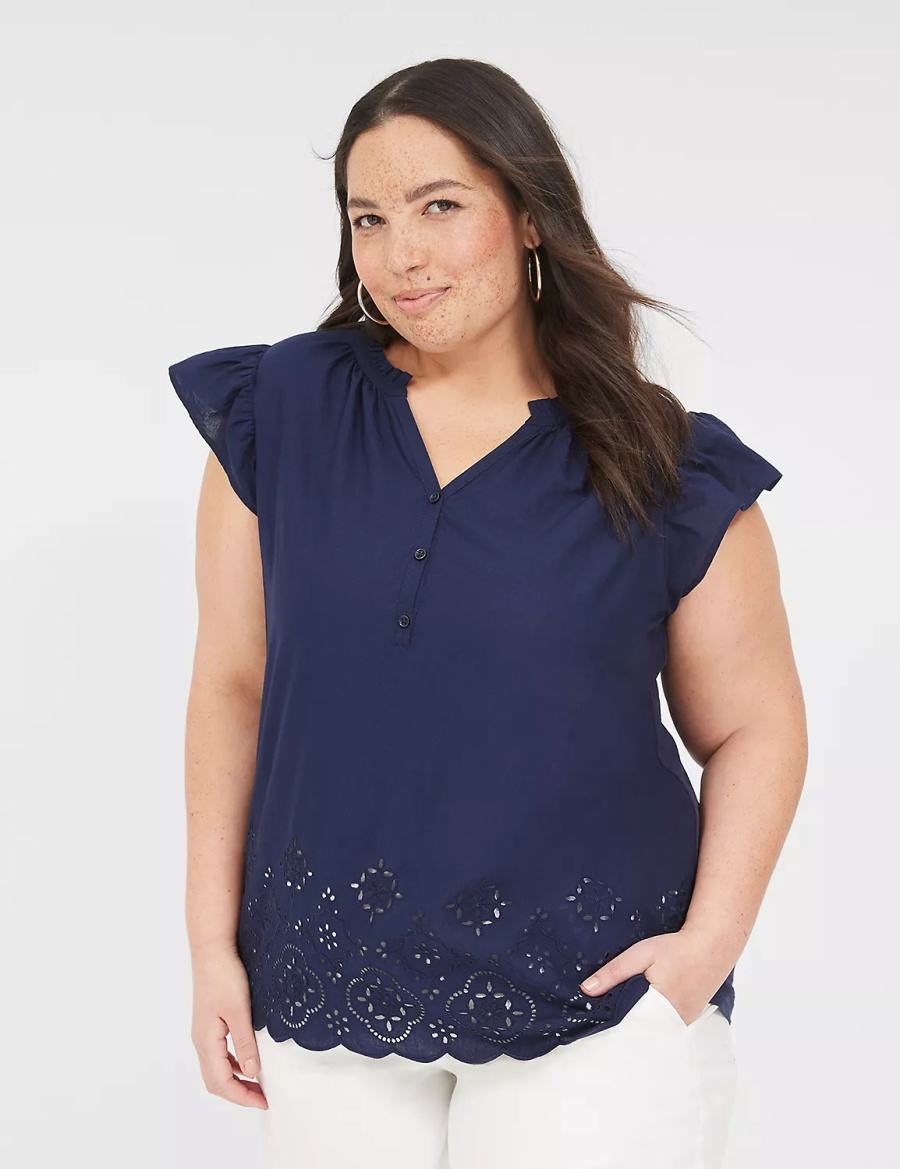 Blue Lane Bryant Flutter-Sleeve Woven-Front Knit Top Women T Shirts | MTZ9748KX