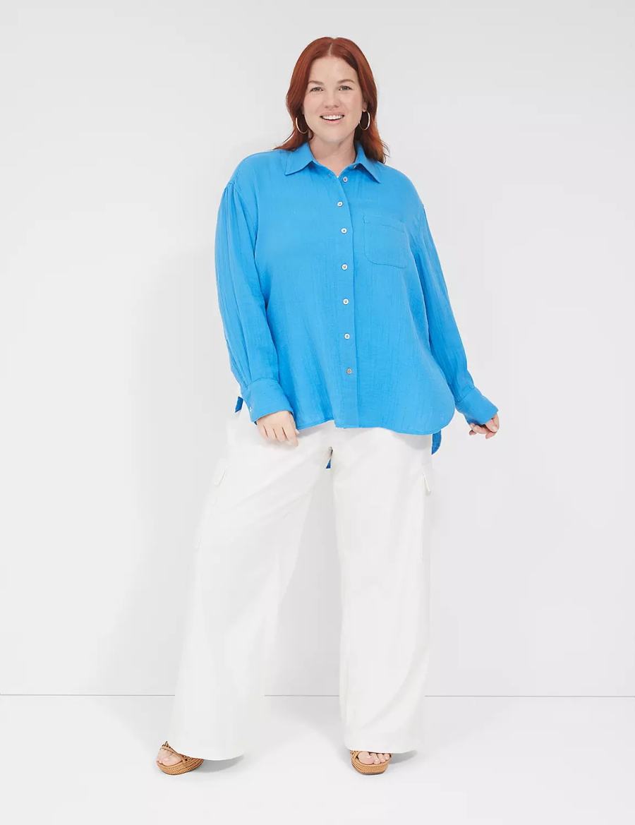 Blue Lane Bryant Gauze Button-Down Beach Top Women Shirts | JLM8546BB