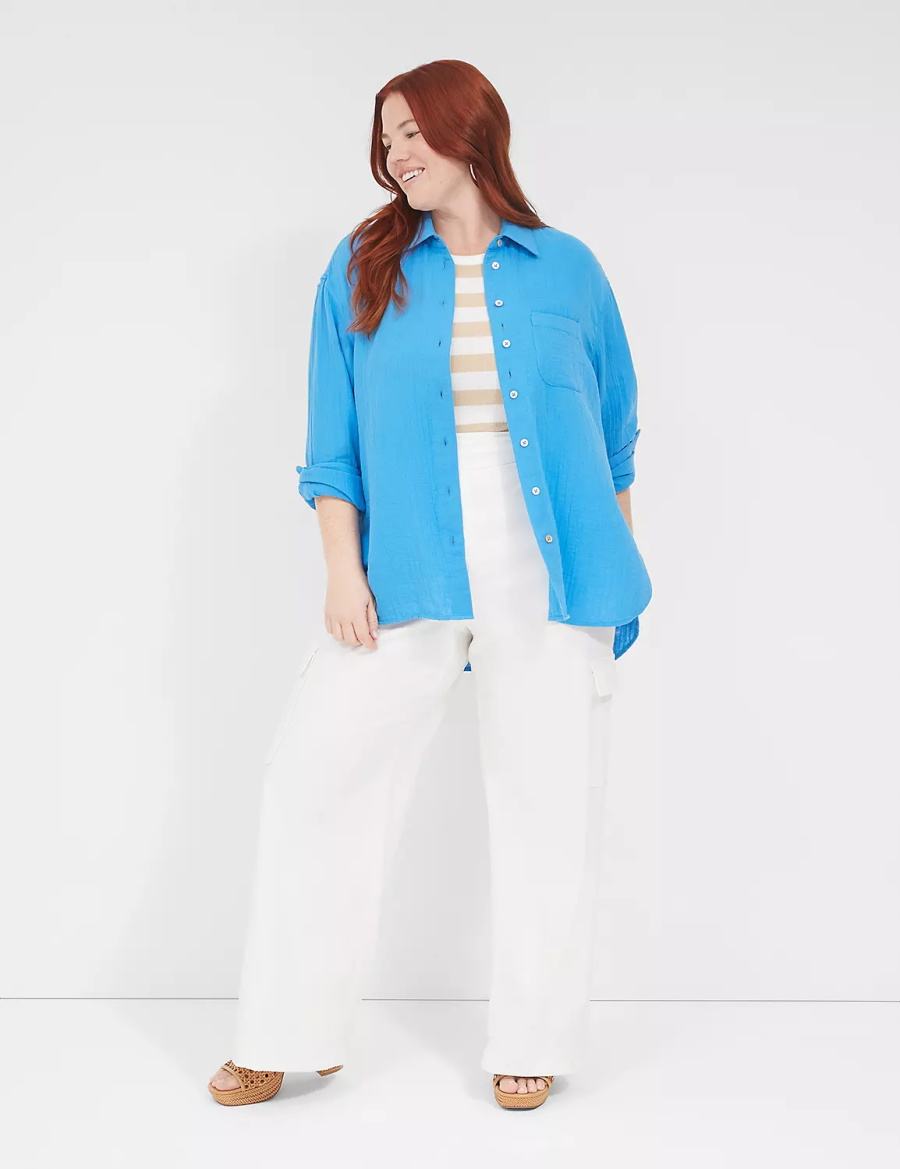 Blue Lane Bryant Gauze Button-Down Beach Top Women Shirts | JLM8546BB