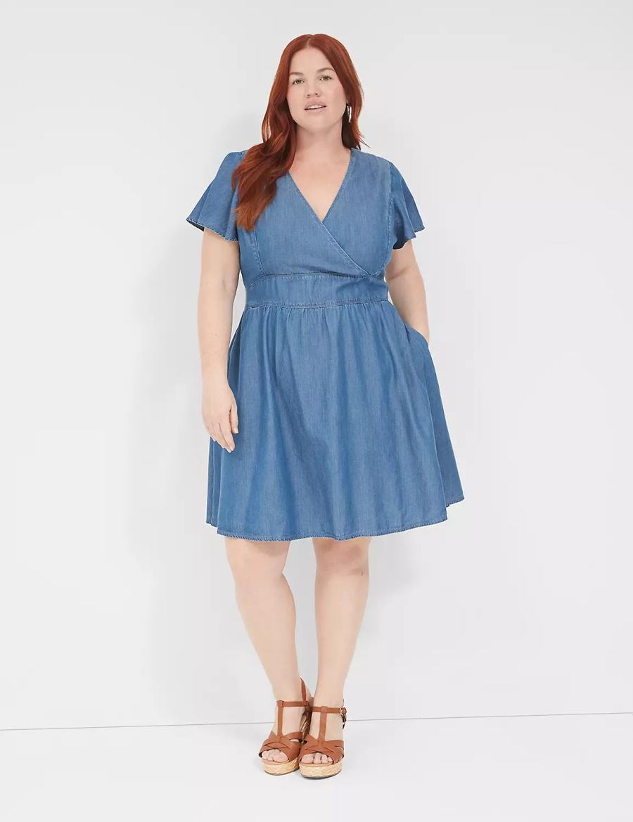 Blue Lane Bryant Lena Denim Surplice-Neck Level-Hem Women Casual Dress | LPV3432NE