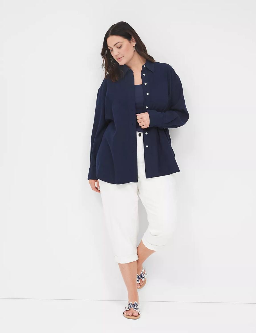 Blue Lane Bryant Relaxed Linen Button-Down Women Shirts | TKX346ED