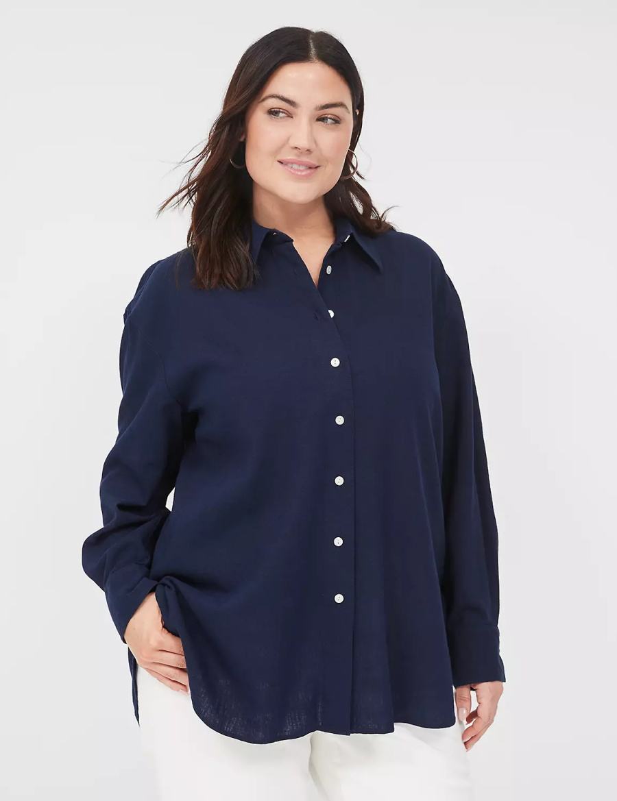 Blue Lane Bryant Relaxed Linen Button-Down Women Shirts | TKX346ED