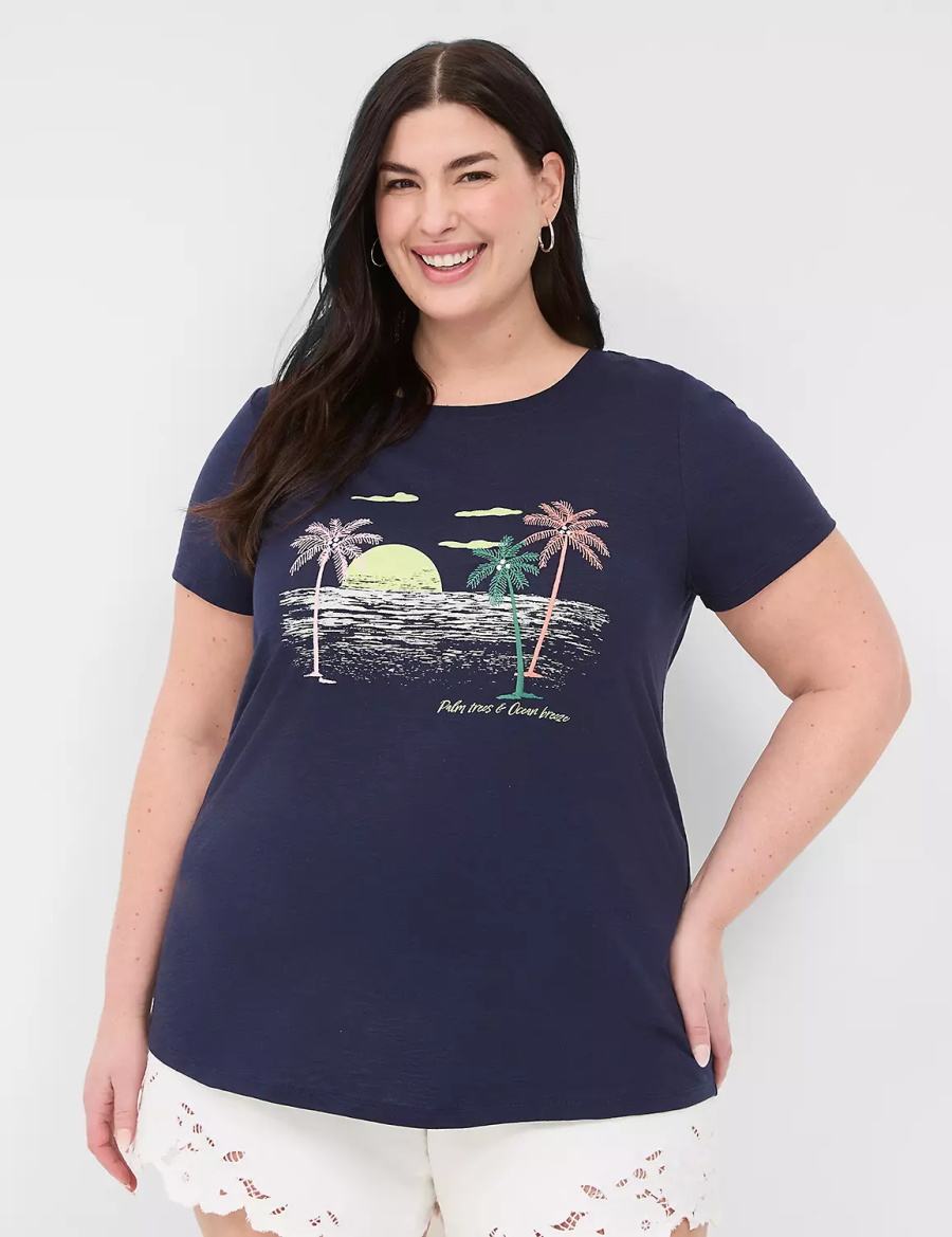 Blue Lane Bryant Rhinestone Palm Trees & Ocean Breeze Graphic Tee Women T Shirts | FHJ6721AS