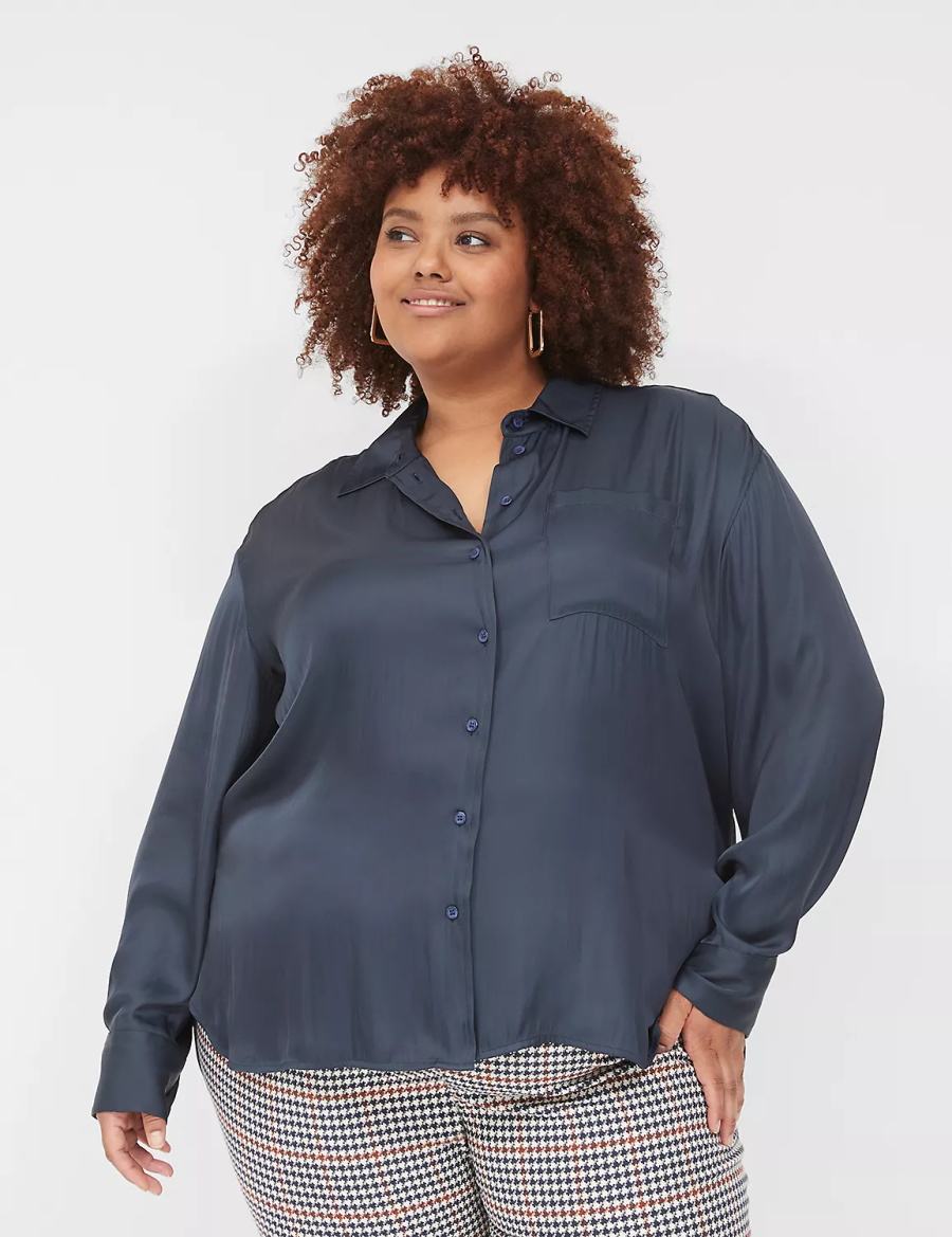 Blue Lane Bryant Satin Button-Down Boyfriend Women Shirts | PTR4088UQ