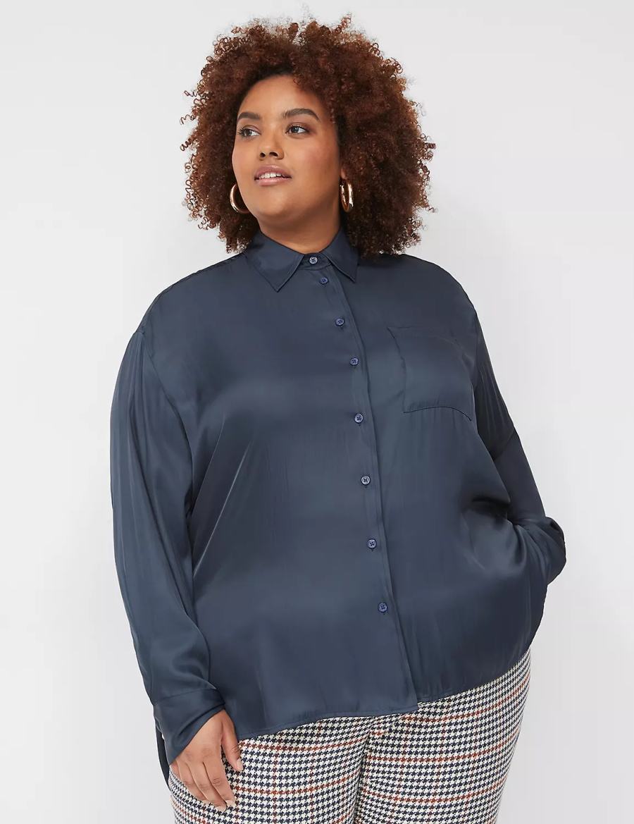 Blue Lane Bryant Satin Button-Down Boyfriend Women Shirts | PTR4088UQ