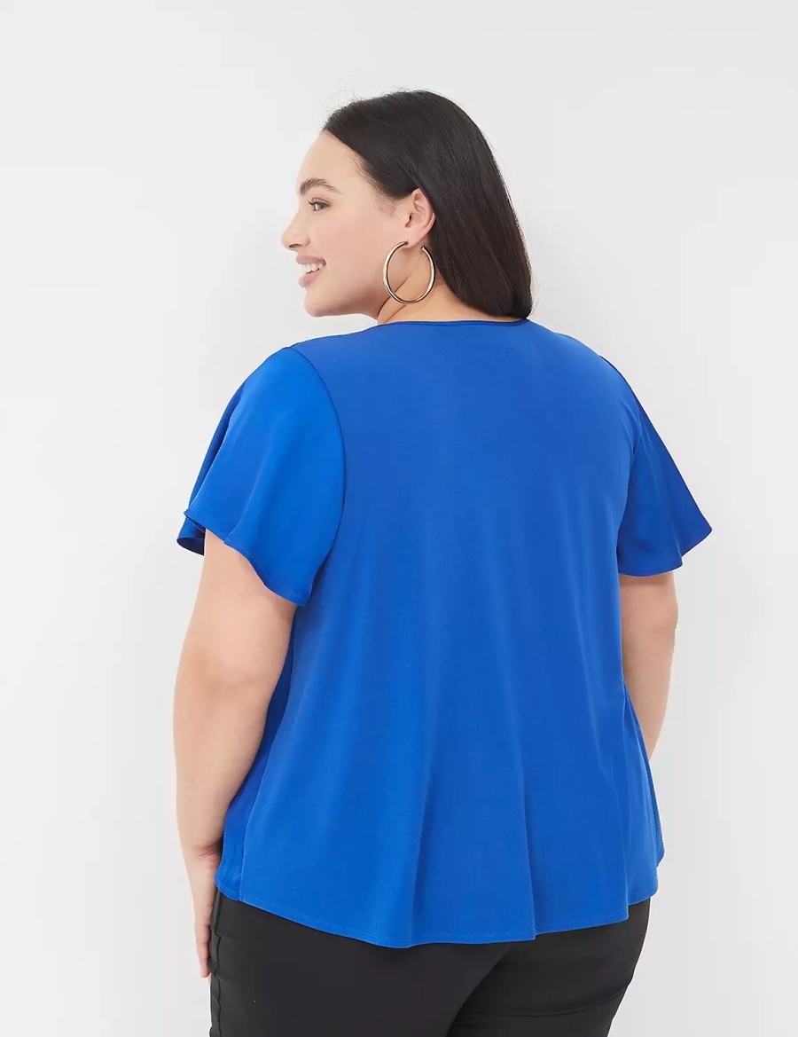 Blue Lane Bryant Satin Smocked-Shoulder Women Blouse | PVR9638YV