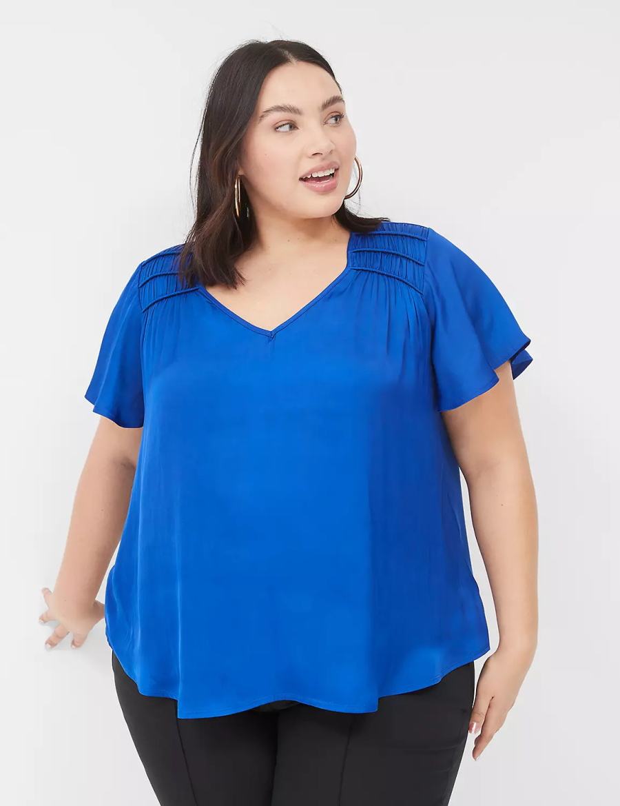 Blue Lane Bryant Satin Smocked-Shoulder Women Blouse | PVR9638YV