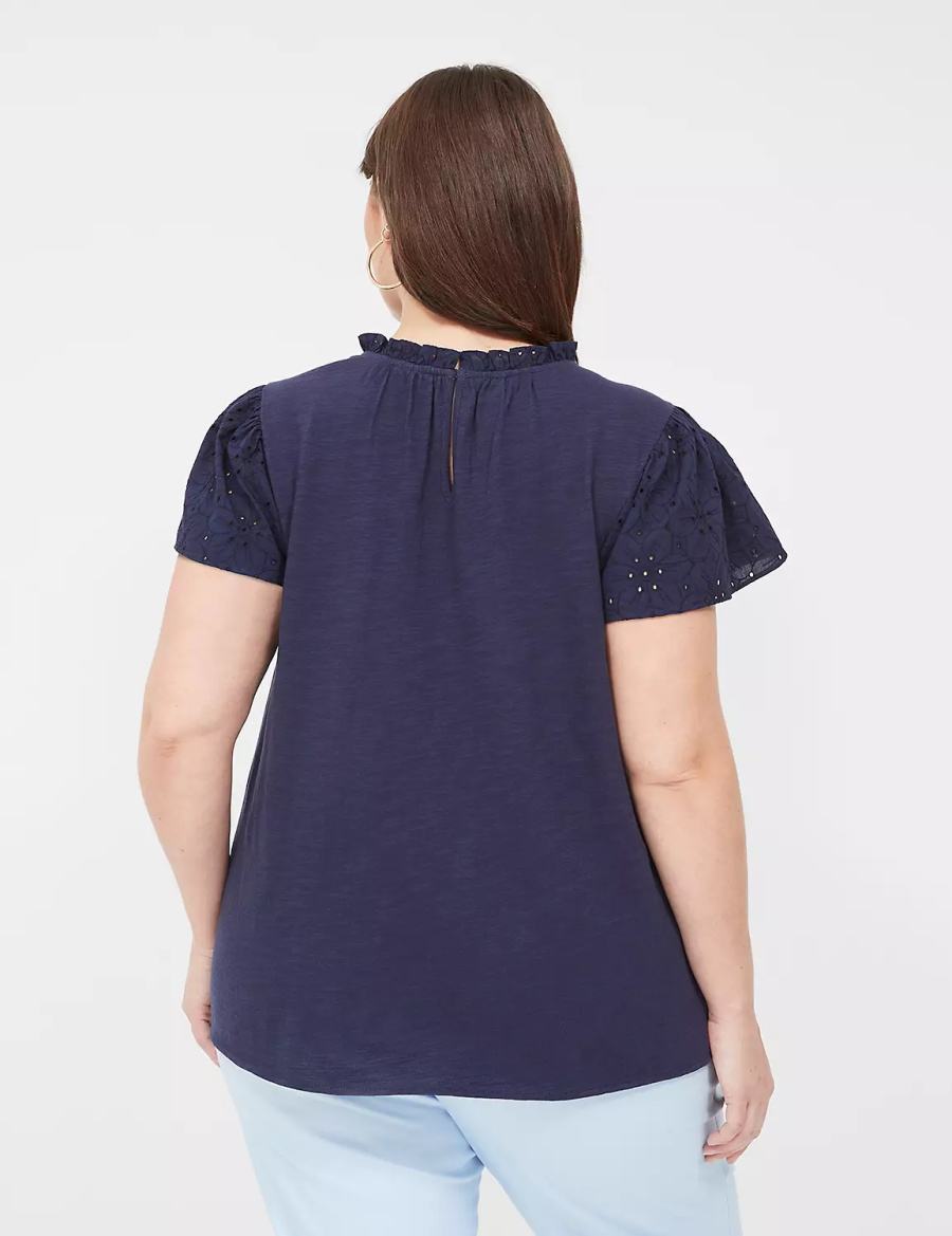 Blue Lane Bryant Subtle Swing Cap Ruffle-Sleeve Eyelet & Knit Top Women T Shirts | VDO6686ZY